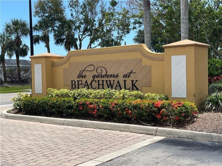 Conveniently located in the beautiful Gardens at Beachwalk community. A one-bedroom, one bathroom ground floor condo unit with a covered patio to sit out and enjoy the warm Florida weather and talk with your friendly neighbors strolling by. The spacious kitchen has all white cabinets and appliances, an eat-in countertop and storage closet with washer and dryer. The bedroom has a walk-in closet and big window with blinds for daylight and nighttime privacy. You'll enjoy the natural light from the two windows in the dining/living area, and the sliders, with screen, that open up to your private outdoor patio. *** Please note the Board voted to raise monthly condo dues on all units for 2026***. This community has a clubhouse, heated pool and spa, exercise room, library, billiards, beautiful landscaping through-out, lovely lit fountains in the ponds, and great year-round and seasonal neighbors. You can live here or rent your unit out as a monthly vacation rental or annually. Pets are welcomed with limits. Shopping, healthcare, restaurants, banking, pharmacy and so much more is within walking distance. Close to Fort Myers & Sanibel beaches, and the downtown Fort Myers nightlife. You and your guests are going to love it here!