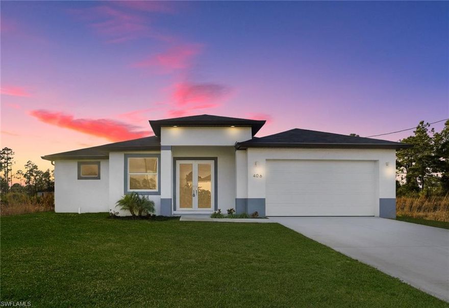 Welcome to this beautifully designed new constriction home in Lehigh acres. Offering 3 bedrooms, 2.5 bathrooms, plus a versatile den ideal for a home office or flex space. Thoughtfully crafted with modern finishes throughout, this home features an open floor concept that seamlessly connects the living, dinning and kitchen area, perfect for both everyday living an entertaining. The spacious primary suite is privately located and includes a large walk-in closet and sleek en-suite bathroom. Additional highlights include: a two-car garage, contemporary fixtures, HURRICANE IMPACT WINDOWS and abundant natural light. Outside is generously sized backyard with endless potential for outdoor living, a pool or future enhancements. Perfect blend of style, functionality and new-build peace of mind in growing Leigh Acres community.