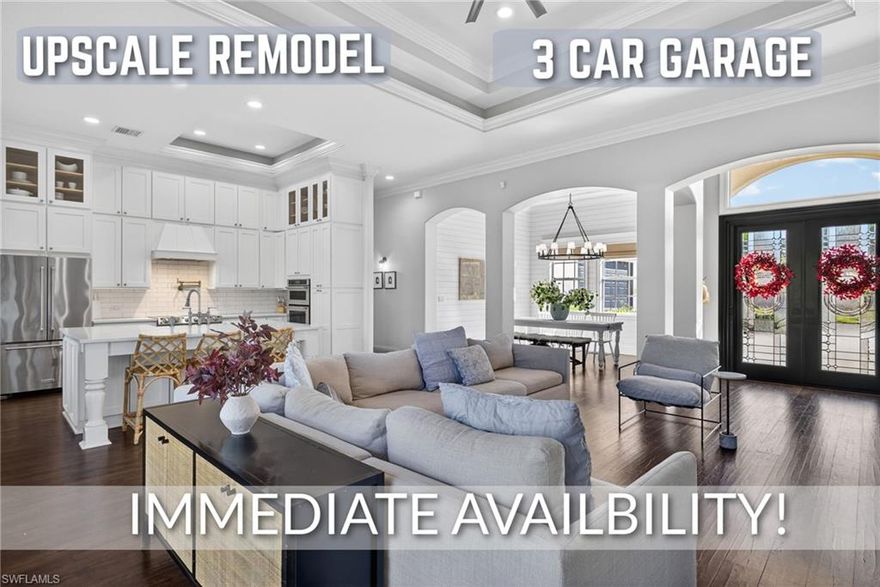 DAZZLING DIVOT DRIVE!! AVAILABLE FOR IMMEDIATE OCCUPANCY AS A SEASONAL OR ANNUAL RENTAL!! $4,500/Month Annual!! $7,000/Month for Winter Season 2026!!  With its fresh upscale remodel, designer furnishings, and highly sought 3-car garage, this home is sure to dazzle you! Features include 4 bedrooms (one bedroom with wall to wall cubical storage in place of closet), 2 1/2 bathrooms, thoughtfully selected high-end furnishings to custom fit each space with maximum comfort and effeciency, luxuriously renovated kitchen with KitchenAid appliances, double wall oven, custom 2-tier upper cabinets, pot-filler and 3 seat breakfast bar; gorgeous millwork throughout, luxury vinyl plank flooring throughout with exception to tile in the bathrooms (no carpet), gorgeous primary bedroom with sitting area, electric fireplace, huge closet and en-suite bathroom with jetted tub and walk-in-shower; large guest bathroom with dual sink vanity, tons of natural light throughout the home, lots of recessed lighting throughout including all bedrooms, family room feature wall with electric fireplace, designer fans and light fixtures throughout, nickel slot shiplap accent walls, 2 dining areas, wonderful laundry room and so much more! Outdoors enjoy a huge, oversized driveway with room for lots of parking, covered rear lanai for relaxation, mature Clusia Hedge for ideal privacy, irrigation system sourced from a deep well saving money on the monthly water bill and so much more!! The amenities of Chadwick Square include a gated entry, community pool, exercise room, playground, clubhouse with kitchen, pickleball court and 1/2 mile loop around the neighborhood perfect for walking and tracking those miles!! This home is also set in an ideal location close to the area’s best shopping, dining, entertainment, Downtown Bonita and just a short drive to the beach!! Call for your private showing and start enjoying right away!!