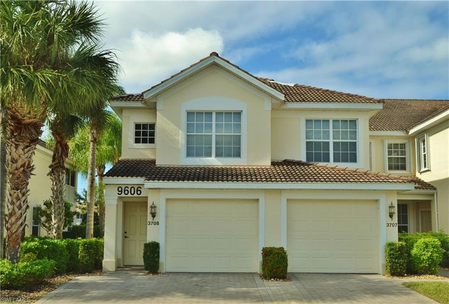 ENJOY TRANQUIL LAKE & GOLF VIEWS WITH SUNSETS FROM YOUR CONDO!  This building has an excellent location at the center of the lake & next to the pool. This desirable first floor end unit Egret floor plan offers 2BRs+Den/2BAs+1 Car Garage . Tile floors in main living areas with wood-like flooring in master bedroom & den.  Upgraded with accordion storm shutters on all windows.  New A/C system installed in June 2022 and water heater in 2017.  Located in the resort community of Colonial Country Club which offers 18 holes of Championship golf, clubhouse with dining, multiple pools, fitness center, tennis, pickleball, bocce, miles of walking trails & MORE! This unit comes with a BUNDLED SOCIAL MEMBERSHIP that offers access to ALL community amenities and Pay-As-You-Play Golf! The community is highly desired for its convenient location, high quality amenities and moderate fees. YOUR SUNNY FLORIDA CONDO IS READY FOR YOU!