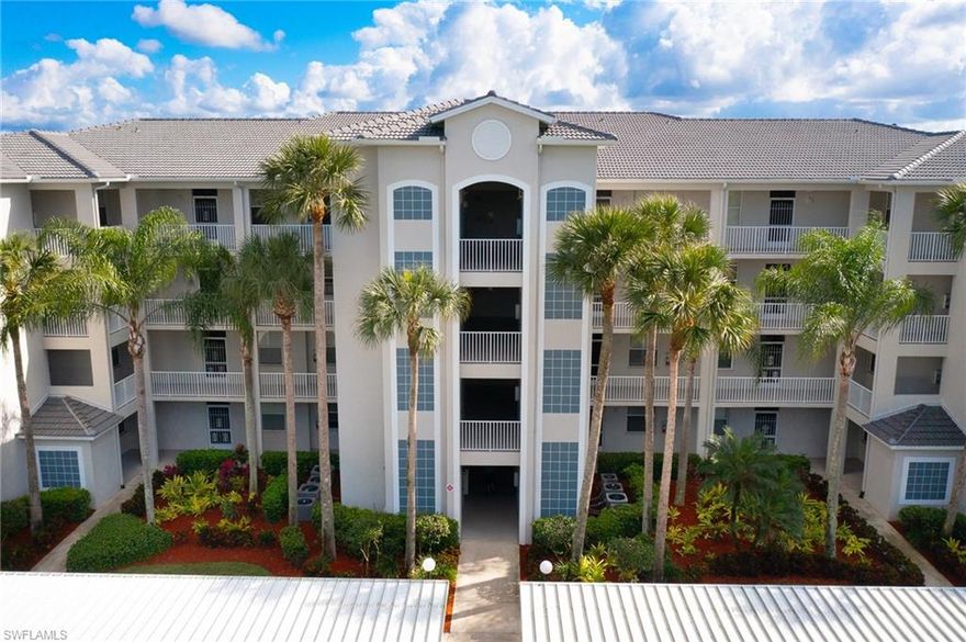 Bundled Golf Course community that looks like a small paradise here in Sunny SW Florida.  When you enter the main gate and drive down the spacious road with the beautiful landscape and golf course on both sides it is breath taking.  Every day the walkers, dog walkers and golfers are traveling around the friendly community. Make your way to your unit which sits on the first floor with a beautiful view of the premier 16th hole.  The community boosts of a 36 hole Champion Course.  New cabinets in the kitchen with granite countertop and new stainless steel appliances.  Bathrooms have new refaced cabinets and new countertops one granite the other quartzite.  A/c 2015, H/W 2021, New roof on building 2021.  Living room and bedrooms have new Luxury Vinyl planks laid.  This spacious community has 9 pools, clubhouse, fitness center, library, Tiki Bar at the back, spas, tennis, pickleball, and much more.  The vegetation is luscious green and flowers everywhere.  Welcome to your small piece of a tranquil paradise.