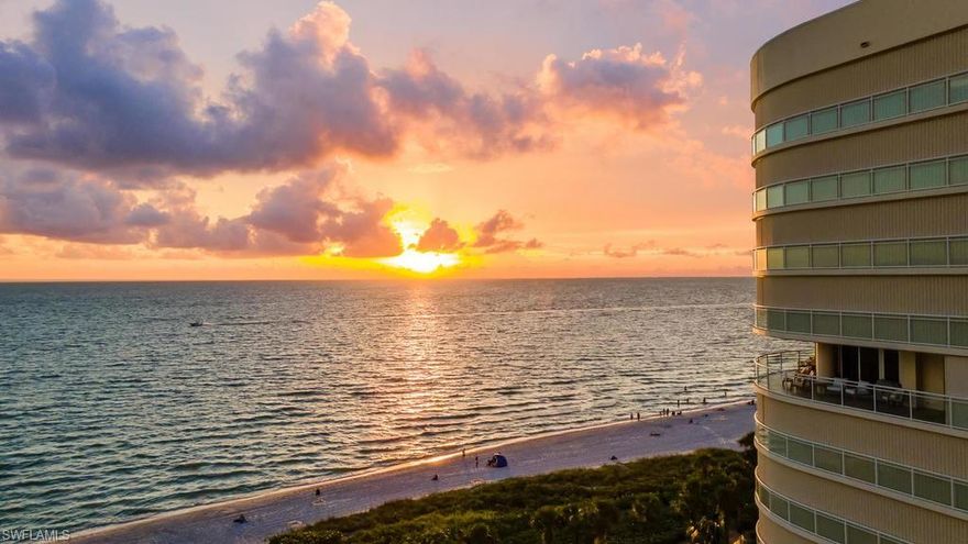 Unequivocally the best Unit in the newest & most luxurious beachfront building in Naples. This 7th floor southwest facing '03' stack was modified from the original layout to maximize views throughout the main living area & is move-in ready. The beautifully custom finishes & new furnishing complement each other perfectly. Walk off the private elevator into your foyer & step into a home that exudes tranquil coastal elegance. Take in the sweeping unobstructed vistas of the coastline on the wraparound terrace. A roomy Master bedroom looking west out over the Gulf, a spa inspired master bath, 2 en-suite guest bedrooms, a powder room & office. An array of beautiful designer features include wide plank floor and natural stone floors, handcrafted American walnut, custom millwork by the premier Artisan Guild of Naples, ochre horn hardware, media wall, Calcutta waterfall counters highlighting gourmet kitchen & chefs pantry. The building is pet-friendly and has amenities that rival a 5 Star resort! An In-house restaurant with room service and bar, 2 pools, beachside or/and poolside food, chair and towel service, fitness center, concierge & 24 hour security for ultimate privacy & comfort.