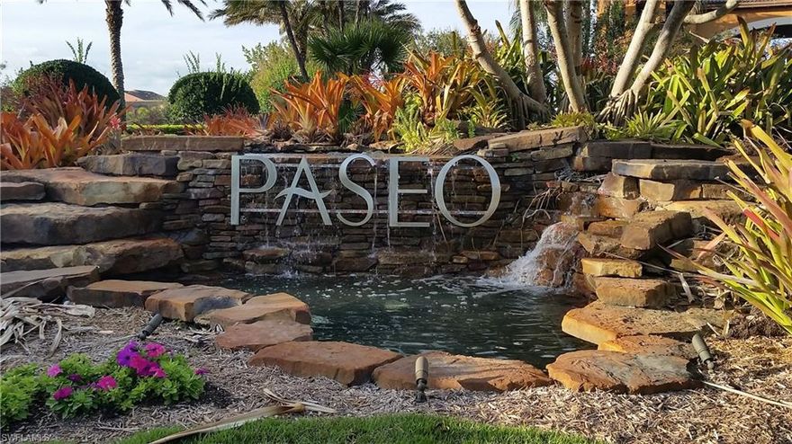 STEPS AWAY FROM THE PASEO TOWN CENTER! This is the only Single Family Home available on Mercado Court. The San Remo Floor Plan with 2BR+Den 2BA 2CAR & salt water pool^and spa shines with pride of ownership. It has been very well maintained. State of the art security system* is included (a value of approx $5000). Windows & Doors are Hurricane rated. Tile roof. Garage has an insulated door and duct work = "climate controlled". Dual Attic Access. New refrigerator-2015. Furnishings are negotiable.  Paseo is a vibrant, active, gated community boasting a 90 seat theater, gym, coffee shop & cafe, ice cream parlor, community pool, basketball & bocce courts, shuffleboard, tennis, pickle ball and MORE!  Fine Dining, Shopping, Spring Training Facilities for Red Sox and Twins, Beaches, RSW International Airport and medical facilities are all within close proximity. ^Salt/chlorine generator cell recently replaced along w/ heater & pool/spa control boards & check valves. *:See confidential remarks regarding security system.