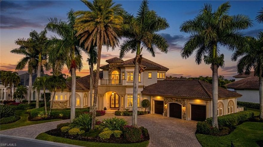 Perfectly positioned on a .54-acre homesite within the coveted Terabella enclave of Renaissance in Fort Myers, this custom two-story grand estate showcases sweeping lake views and a premier vantage of the 9th hole of the Arthur Hills–designed championship golf course. A dramatic arched double-door entry opens to a striking foyer with custom inlay flooring, soaring ceilings, and statement chandelier lighting that sets the tone for refined elegance throughout. Designed for elevated living and unforgettable entertaining, the residence features elegant accent walls, dramatic custom ceiling treatments, cathedral and tray ceilings, hurricane impact windows, and a thoughtfully designed floor plan that flows effortlessly from room to room. The gourmet kitchen anchors the home and offers premium appliances, double ovens, wine cooler, gas availability, a walk-in pantry, and a spacious work island ideal for gatherings, entertaining, and everyday living. The great room is a showstopper, highlighted by zero-edge pocketing sliders that fully retract to open the interior to one of the most impressive outdoor living environments Southwest Florida has to offer. Outdoors, an infinity-edge pool, oversized spa, water features, outdoor kitchen with built-in grill, fireplace, and outdoor shower create a resort-caliber setting designed to maximize panoramic golf and lake views. Upstairs, a spacious gathering room with a custom bar creates the perfect setting for game days or relaxed evenings. This space opens to a covered and screened balcony, with a private putting green just beyond—offering a fun and distinctive feature overlooking the fairways and tranquil water views by day and evening. Every bedroom is designed as a private retreat, each offering direct access to outdoor living through its own balcony or private entrance to the lanai, while the ground-floor primary suite provides a serene sanctuary with sitting area, stunning fairway views, generous walk-in closets, and a spa-inspired bath featuring dual vanities, bidet, jetted tub, and a walk-in shower with multiple shower heads. Additional highlights include wood flooring in the bedrooms, built-in cabinetry, surround sound wiring, den or study, open lanai and porch spaces, circular pavered drive, expansive three-car garage, whole-home generator, and security system. Residents enjoy the Renaissance lifestyle within a premier low-density golf community spanning approximately 500 acres of manicured grounds, with optional golf memberships available immediately, along with a resort-style pool and pavilion, full-service spa, attended fitness center, red clay tennis, pickleball, bocce, multiple dining venues, and scenic walking and biking paths that complete this luxury setting.