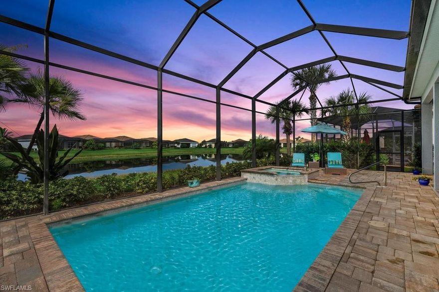 Blending elegance and modern flair, this large BUTTONWOOD MODEL built by Kolter Homes is perfect for those wanting the resort-minded lifestyle.  The home is located in Verandah, the 1,456-acre master planned community situated on the banks of the Orange River in Fort Myers.  Step inside the french doors and notice the interior connects seamlessly with a private extended patio that includes a spectacular pool, spa, and captivating lake views. Inside boasts a multitude of SOUTHERN FACING windows and sliding glass doors as well as 12’ COFFERED CEILINGS, and giving an impression of beauty and gracefulness. The chef’s kitchen has stunning white cabinets, quartz countertops, and stainless-steel appliances including NATURAL GAS for cooking. The open floor plan, with living, dining and kitchen flows out to a spacious covered patio. The generous master suite features a dual-sinks with quartz countertops and a separate tub and shower.  The two guest rooms also feature ensuite bathrooms for convenience.  Verandah offers a newly renovated clubhouse, 2 Championship-designed 18-hole golf courses, tennis, bocce, fitness center, resort-style pool, kayaking, and 9+ miles of biking & walking trails.