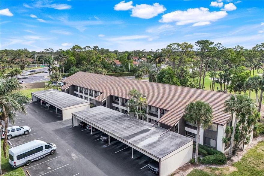 Welcome to your perfect first-floor retreat with stunning views of the 7th hole of the Royal Palm Golf Course! This updated unit has everything you need, including southern rear exposure for plenty of natural light. Inside, you’ll find beautiful tile flooring throughout, plantation shutters, crown molding, and new fans in every room. The kitchen has been upgraded with stainless steel appliances, an added pantry, granite countertops, and a breakfast bar, making it both stylish and functional. Both bathrooms have been updated— with updated countertops, recessed lighting, and a new toilets, and the master bath featuring dual sinks and an updated shower. Other perks include a new A/C installed in 2020, new doors in the bedrooms and bathrooms, and a newer dryer. The unit also comes with a detached covered carport, extra storage, and guest parking. The community has been well cared for, with a new tile roof completed in 2023 and plans for fresh paint and repaving in 2025. Located close to Downtown Naples, the Bayshore Art District, great shopping and restaurants, the Naples Pickleball Center with 64 courts, and, of course, the beautiful award-winning beaches, this home is all about easy living in a prime location. Don't miss out on this gem! CONDO FEES INCLUDE: CABLE, INSURANCE, IRRIGATION WATER, LAWN/LANDSCAPING, PEST CONTROL EXTERIOR, RESERVE, AND WATER.