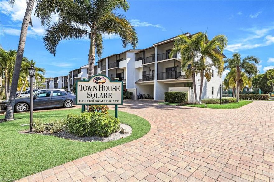 Welcome to Townhouse Square, a desirable community just a short walk to the white sandy beach of South Beach on Marco Island.  This spacious and bright multi-level end-unit townhouse offers peace of mind with hurricane impact windows, sliders and doors throughout.  The first floor features a covered carport, ample storage under the stairs and a large storage/workroom with slider leading outside.  The second floor showcases an open living area with access to a screened lanai, an updated kitchen with light laminate flooring, KitchenAid stainless steel appliances, and wood cabinetry.  A convenient half bath is located off the kitchen which is filled with natural light. The third floor features 2 bedrooms and 2 baths. Each bedroom also has their own private lanai.  For convenience, the washer and dryer are also up on this floor.  Community amenities include a pool and spa with chickee hut, tennis and pickleball and nicely maintained grounds.  Best of all, enjoy the beach, a short walk away - no driving required,  Welcome to paradise and your new home.