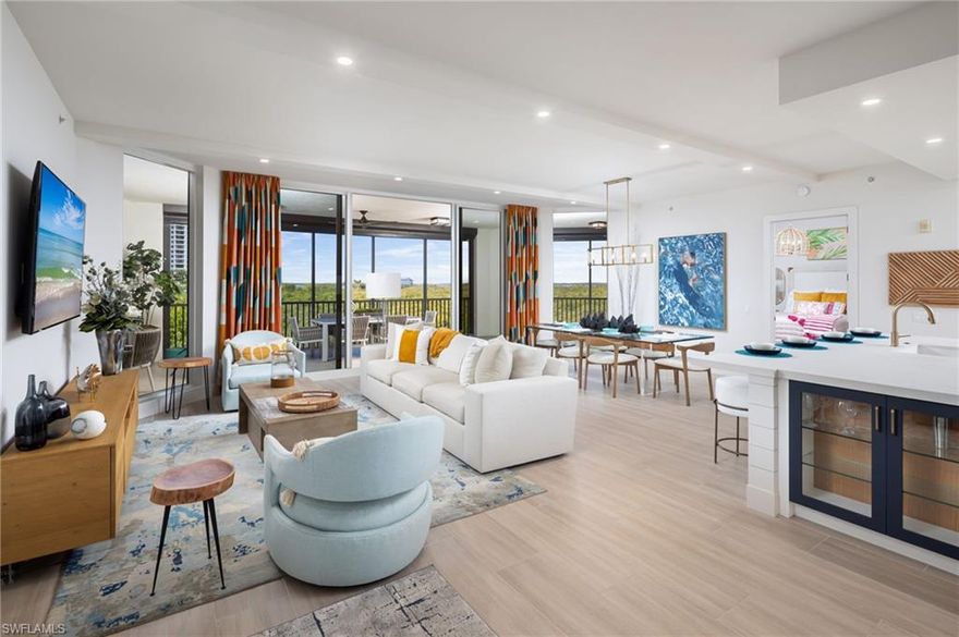 Come home to this Castella “Home in the Sky” and enjoy unparalleled water views and sunsets of Estero Bay and the Gulf of Mexico at The Colony Golf & Bay Club!!! Step into this welcoming, totally reimagined, and fully renovated home filled with natural light and spacious luxury living. This newly renovated Castella Home in the Sky was designed by Clive Daniel and renovated by Imperial Homes of Naples. This redesigned kitchen is a chef’s dream with an expanded center island featuring new glass front cabinets, new countertops, new custom backsplash, under cabinet lighting, counter height breakfast bar, built-in appliances, and a pantry! The peaceful, spacious master bedroom offers picturesque views of Estero Bay, including spectacular sunsets! The master suite also features a well thought designed custom closet, along with a new luxurious master bath newly designed with new tile, custom mirrors, wall treatment, new countertops, a separate shower, dual vanities, and a dedicated makeup vanity area. Additional features of this newly designed Castella home include wood look wide plank tile flooring throughout, custom window treatments, Clive Daniels furnishings, volume ceilings, electric remote hurricane screen shutters, a formal dining area with new lighting, and a spacious family room great for entertaining! Enjoy the natural light and sunsets with floor-to-ceiling sliding glass doors, and lanai access from your master suite and your guest suite! Both guest suites have been updated with wood look wide plank tile flooring and an updated guest bath with new custom tile and dual vanity for your guests! Entertaining is a delight on the oversized, spacious lanai featuring three separate sitting areas, which is perfect for watching the sunsets! Luxury living at Castella offers every element for recreation and relaxation, including a resort-style pool and spa with newly renovated amenities. Castella also features a stunning tropical open-air lobby with a waterfall, offering a true “welcome to paradise” experience. The Colony at Pelican Landing offers state-of-the-art amenities, including a 34-acre private beach park with a private water taxi shuttle, kayak park, pickleball courts, tennis, fitness center, bocce ball courts, and the list goes on and on! Residents also enjoy waterfront dining at The Colony Bay Club, featuring casual dining overlooking Estero Bay on the third floor and formal dining on the second floor—just minutes from your front door! THIS IS THE BEST OPPORTUNITY IN CASTELLA RIGHT NOW!!! DO NOT MISS OUT!!! SCHEDULE YOUR PRIVATE SHOWING TODAY AND BEGIN LIVING THE SOUTHWEST FLORIDA LIFESTYLE!!! THIS HOME IS MOVE-IN READY WITH ALL DESIGNER FURNISHINGS INCLUDED!! COME SEE YOUR NEW HOME IN PARADISE TODAY!!