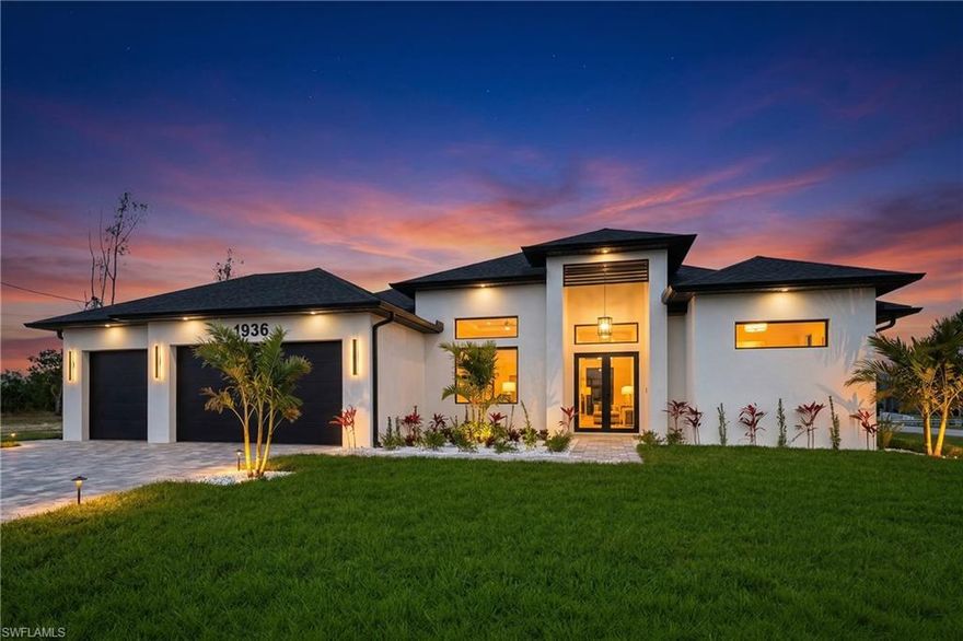 Spectacular modern residence with open concept and luxury finishes. Don't miss this opportunity to live in this beautiful newly built house located in the highly desirable area of Cape Coral, less than 5 minutes from Publix, Walmart, gas station, Target, shopping center. This amazing property located on the corner of the street has 4 bedrooms, 3 bathrooms, garage for 3 cars, high ceilings with 1931 s/f, MR-CLASS impact windows (the best of its kind in Florida) interior doors 8 feet high, indoor and outdoor kitchen, outdoor pool and a beautiful patio with screens with stunning views of the canal, modern appliances throughout the house, ceramic floors with unparalleled comfort in an open plan.