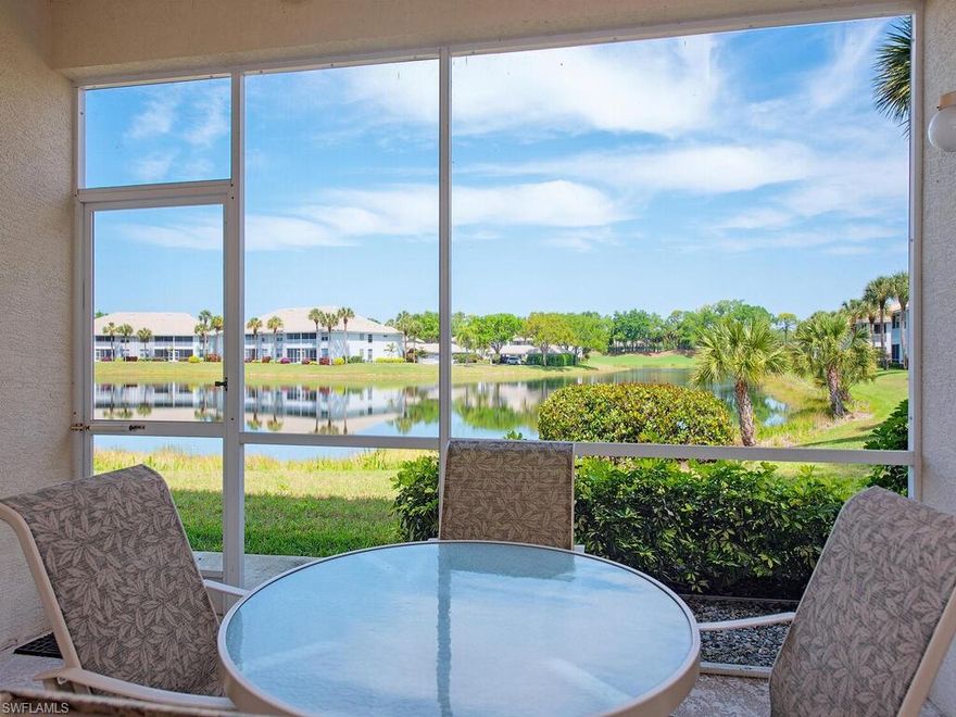 Welcome to this beautifully positioned FIRST-FLOOR, END UNIT condo with a long water view, in the highly sought-after Stonebridge Country Club of Naples. Enjoy an IMMEDIATE GOLF MEMBERSHIP while enjoying this home bathed in natural light from its desirable Eastern, Northern and, Southern exposures offering a bright ambiance throughout the day.  The thoughtfully designed floor plan features two spacious bedrooms, a versatile den, perfect for a home office or guest space, and two full bathrooms. As an end-unit, enjoy added privacy along with extra windows that enhance both light and views of the large pond from either the lanai or from the kitchen. For new residents not familiar with the term "Bundled Golf", this means that every owner has and pays for golf privileges regardless if you play or not.
