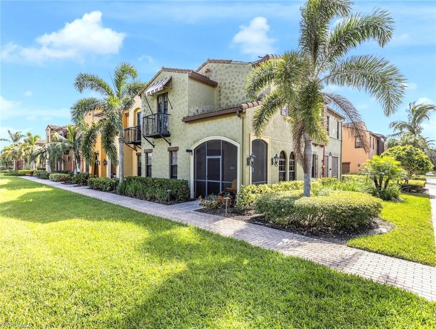 Light, bright, and happy, you'll feel the Florida vibe as soon as you walk into this 2 story, 3 bedroom, 2.5 bath, Santa Rosa end unit Townhouse in the Award Winning Resort Community of Paseo!  The front entry is through a screened porch overlooking the lake; the open Living Room/Dining Area joins the granite and wood cabinet kitchen, plus a powder room. The 2 car garage is accessible through the Kitchen, so bringing in groceries is a breeze.  Upstairs are the Master BR Suite, 2 Guest Bedrooms, a Loft/Den, Guest Bath, and the Laundry Room.  The residence abounds with custom upgrades: tiles on the diagonal in the living room, luxury vinyl plank tile in Acacia in the bedrooms, stainless steel appliances, security system.  So many fantastic amenities in Paseo: resort pool with tiki bar serving casual food, spa and salon, fitness center, tennis courts, movie theater, coffee shop, pub, billiards room, fishing pier, pickleball, bocce, and volleyball courts.  Close to I-75, about 15 minutes to RSW Intl. Airport, close to FGCU, Bell Tower, Whole Foods; approx. 30 minutes to beaches.  This is the place to fulfill your dream of Florida Living!