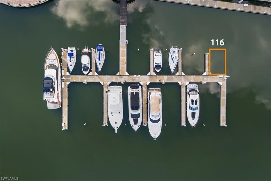 Fantastic Opportunity to Own in the Coveted Esplanade Marina! Located in the heart of Marco Island, this 25-foot boat slip (with a maximum vessel length of 27.5 feet and 12-foot beam) is just steps from convenient parking—making loading and provisioning your vessel incredibly convenient. The slip sits in well-protected waters with quick access to the Gulf, approximately 20 minutes at idle speed. The Esplanade Shoppes, grocery stores, and marine supply stores are all within walking distance, and you'll love the spectacular sunsets from this prime location. Slip amenities include water, Wi-Fi, cable, 30-Amp shore power, pump-out service, gated security, and a dedicated on-site dockmaster. Owners also enjoy access to the Captain’s Lounge with restrooms, showers, and laundry facilities. The floating concrete docks are known for their storm resilience, providing peace of mind. Rentals are allowed, offering great potential for supplemental income when you're not using the slip. Whether you're a seasonal boater or year-round enthusiast, don't miss this chance to own in one of Marco Island’s finest marinas!