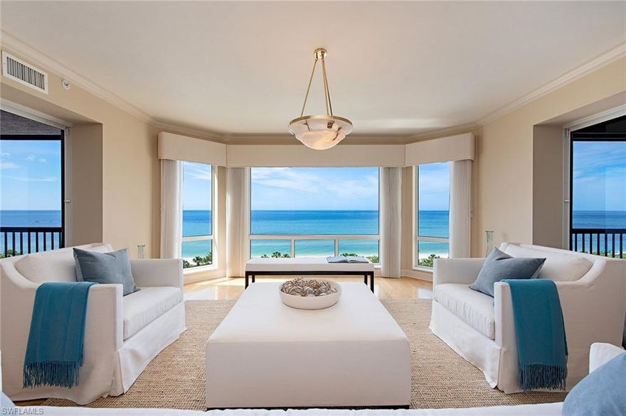 Like a breath of fresh air, this Biltmore beach front 3 BR, 3BA residence located in the privately gated community of Bay Colony has been renewed with a Contemporary Coastal flair.  Watch Gulf waters kiss the shoreline and birds soar across the estuary from the spacious thru-view floor plan with 3 balconies, floor-to-ceiling glass sliding doors and high impact glass bay windows. Additional features include, 9-foot ceilings, light wood flooring, 2 new A/C’s and 2 parking spaces in secured garage. Biltmore’s stunning Transitional-style Lobby and Amenities Level offer24 hour manned reception desk, plush guest suites, Social, Board and Billiards Rooms, excellent Fitness Center, resort-style pool and spa. Pet friendly building.  Private Bay Colony Beach and Tennis Clubs included.  Golf membership available separately.