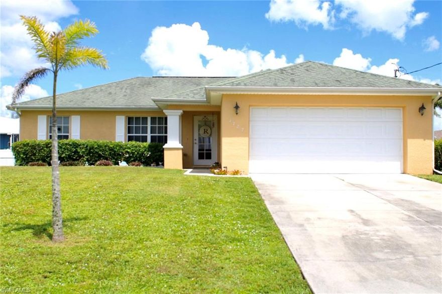 Great home at a wonderful price! Open concept 3 bedroom/2 bathroom with 2-car garage single family home located in NW Cape Coral. Home has a nice bright kitchen that includes all appliances and pantry. Inside laundry room with washer and dryer and access to garage. Durable wood-like plank tile floors, vaulted ceiling, and ceiling fans. Split bedroom floor plan with private owners suite and nice bathroom featuring a linen closet. Main bedroom has two closets ,  1 walk-in. Impact windows and hurricane shutters for back slider for your peace of mind. AC system updated in 2020 with recent service in 2021. Water system updated in 2018 with recent service in 2021. Septic tank updated in 2018. Water Heater updated in 2019. Move-in ready with room for pool in huge fenced back yard. Call today for your private viewing of this Fantastic deal of a home!