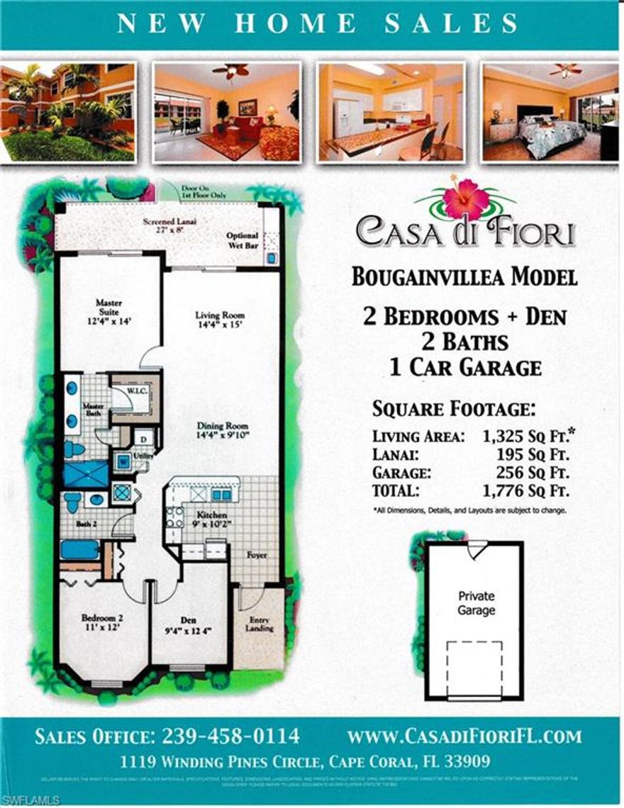 First-floor condominium located in the gated Casa Di Fiori community in North Cape Coral. This residence offers approximately 1,273 square feet of living space with a split-bedroom floor plan, featuring two bedrooms plus a full-size den/office and two full bathrooms. The open great room layout provides a functional design suitable for everyday living and entertaining.
The kitchen includes granite countertops, white wood cabinetry with pantry storage, tile backsplash, and newer appliances. The main living area opens to a screened lanai with a private view, offering outdoor living space protected by an electrically operated Storm Smart shutter.
The primary bedroom features an en-suite bathroom and walk-in closet. The guest bedroom, den/office, and second bathroom are located in a separate wing, providing additional privacy. A laundry closet with a full-size washer and dryer completes the interior layout.
Additional features include tile and carpet flooring, storm shutters, a detached one-car garage, and assigned parking. The unit is located outside of a flood zone. Gated access provides controlled entry to the community.
Casa Di Fiori amenities include a resort-style pool, clubhouse, fitness center, tennis courts, pickleball courts, and bocce ball. Conveniently located near shopping, dining, and major roadways, with access to Cape Coral, Fort Myers, and the surrounding beaches and waterways.