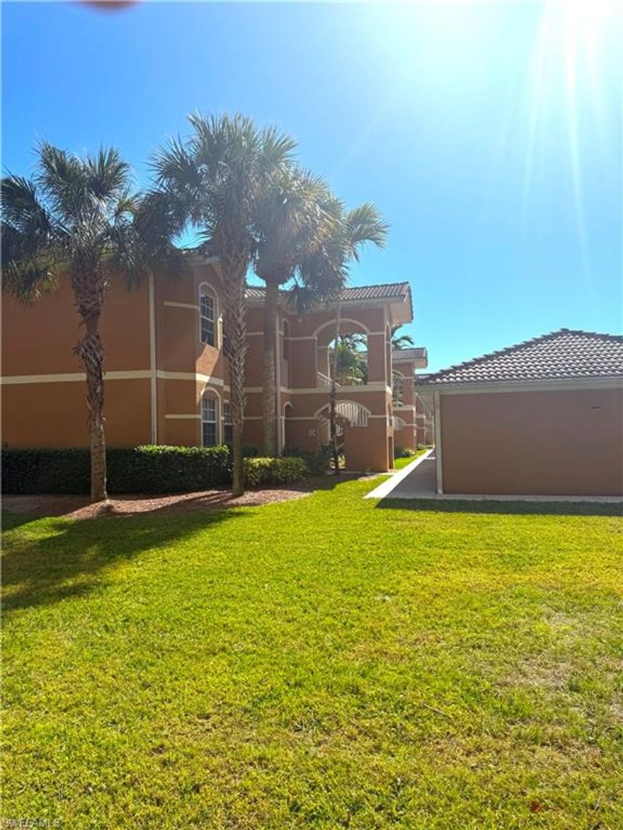 First-floor condominium located in the gated Casa Di Fiori community in North Cape Coral. This residence offers approximately 1,273 square feet of living space with a split-bedroom floor plan, featuring two bedrooms plus a full-size den/office and two full bathrooms. The open great room layout provides a functional design suitable for everyday living and entertaining.  The kitchen includes granite countertops, white wood cabinetry with pantry storage, tile backsplash, and newer appliances. The main living area opens to a screened lanai with a private view, offering outdoor living space protected by an electrically operated Storm Smart shutter.  The primary bedroom features an en-suite bathroom and walk-in closet. The guest bedroom, den/office, and second bathroom are located in a separate wing, providing additional privacy. A laundry closet with a full-size washer and dryer completes the interior layout.
Additional features include tile and carpet flooring, storm shutters, a detached one-car garage, and assigned parking. The unit is located outside of a flood zone. Gated access provides controlled entry to the community.
Casa Di Fiori amenities include a resort-style pool, clubhouse, fitness center, tennis courts, pickleball courts, and bocce ball. Conveniently located near shopping, dining, and major roadways, with access to Cape Coral, Fort Myers, and the surrounding beaches and waterways.