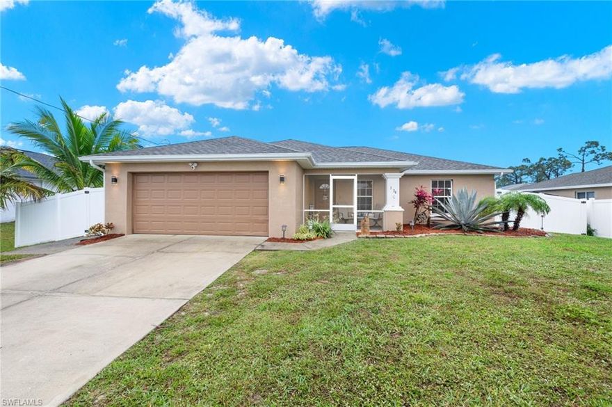 Welcome Home to this Beautiful 3 Bedroom with Den 2 Bath Pool home in Cape Coral! Your front porch greets you as you walk into this well-maintained ranch style home. NEW ROOF AND NO FLOOD ZONE make it an easy place to call home. Inside you will enjoy an open floor plan, large living room with connecting den, vaulted ceilings, tile flooring, fresh paint, split floor plan and inside laundry room. The spacious kitchen has raised panel cabinets, bar seating, black stainless-steel appliances and under sink reverse osmosis. Great for entertaining family and friends as your main living areas open up to your sparkling heated pool. Newer well pump, newer pool pump and newer pool heater gives you peace of mind. Unwind after a long day on your screened in back lanai with wood ceiling and enjoy your peaceful surroundings in your fenced in yard. Plenty of storage as this house comes with a shed. Fantastic locations put you near shopping, restaurants, parks, schools, hospital, churches and so much more. Call today to set up a showing!