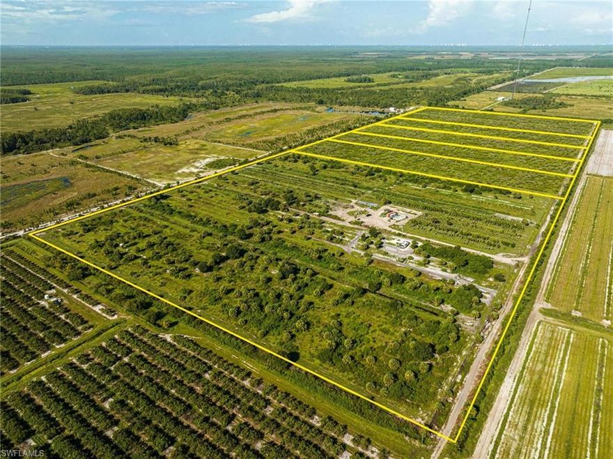 The 100 acre (+/-) Florida Ranch you’ve been waiting for! Bring your horses! Pieces of land like this don’t come available often, especially nearly 100 acres that are available! Seller would prefer to sell all acreage as a package, but lots have already been subdivided into one 19+, four 10’s and one 40 acre parcel. There is fill, wells, and power on certain sections of the land as well. If you are looking for your piece of paradise in Estero, FL with your own area of solitude and minimal neighbors, you've found it! This specific lot is 10 acres of land with wildlife everywhere, mature trees, large oaks, sabal palmettos, no Cypress Trees, and nearly all uplands. This unique land has vast southern views out over the Audubon bird sanctuary that you won't find any where else. The DEP study and the survey are already completed and ready for you and you can inquire for a copy. This property is also very close to the new fire station and a brand new Publix that just opened! Have the benefits of what the city offers, but also have your own space on this amazing 10 acres!