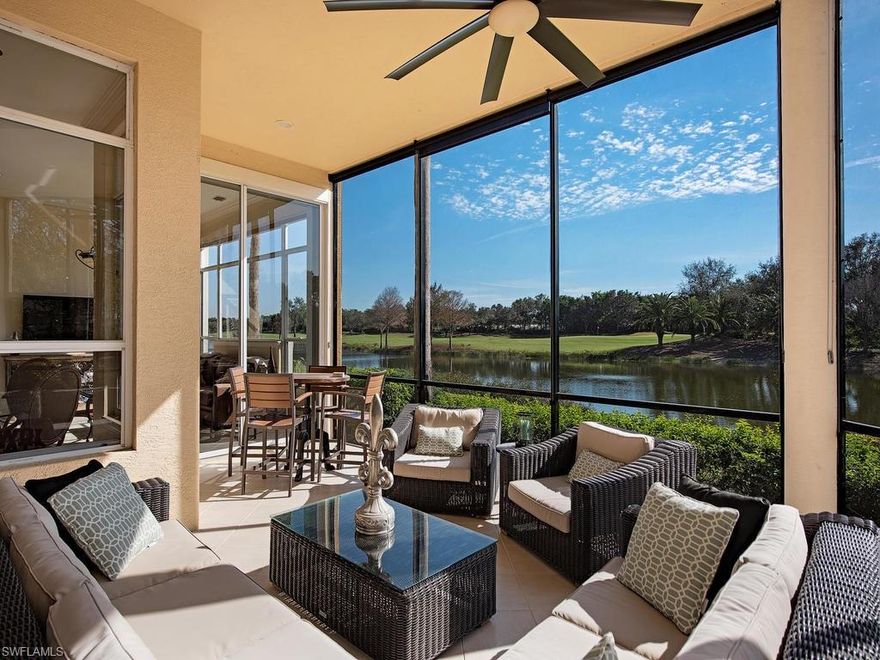 UPGRADED END UNIT WITH BREATHTAKING VIEWS OF THE LAKE AND GOLF COURSE, UNIQUE FLOOR PLAN WITH TWO SEPARATE LIVING AREAS.  This stunning coach home boasting southern exposure lake & pristine views of the 8th hole of the South course. Tropical outdoor views flood the impressive great room with sliders opening to the lanai, adding depth to this already spacious and unusual floor plan. Serve special occasion meals in the tasteful formal dining room with custom built in bar, wine cooler and entertainment center.  Rich wood cabinetry, upgraded appliances & granite countertops are found in the gourmet kitchen overlooking the breakfast nook. Distinctive features found throughout include volume ceilings highlighted by crown moldings, extensive windows, plantation shutters and gorgeous tile laid on the diagonal. Retreat to the master suite with direct access to the screened lanai. The master bath offers his and hers vanities, a large separate soaking tub and walk-in shower. Seller recently replaced A/C, washer & dryer. Updated quartzite countertops, shower doors, hardwood floors, lanai screens and shades, ceiling fans, light switches, bathroom toilets, sinks, facets and custom art lighting.