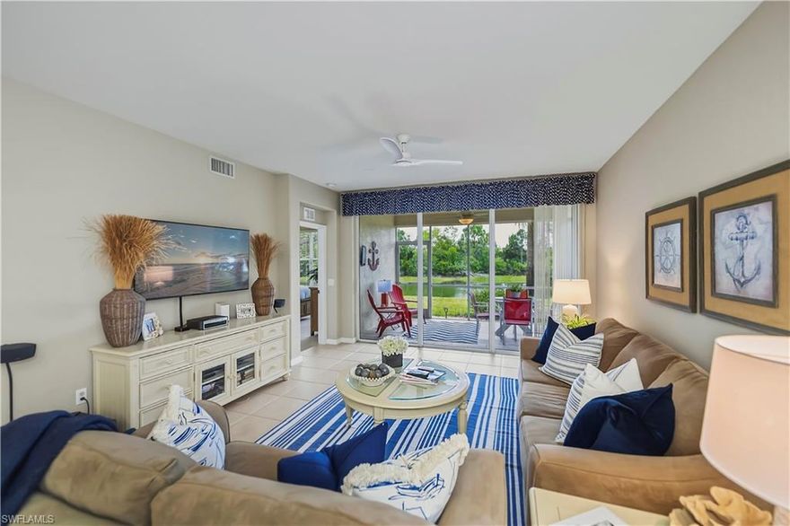 “END UNIT” Main Floor plan offering 2 bedrooms and Den/flex room,2 Full baths with highly desirable SE-facing exposure, filling the home with natural sunlight throughout the entire day. This beautifully updated, furnished condo is in the highly sought-after Colonial Country Club, known for its lush landscaping, scenic walking trails, and picturesque golf course surroundings. Enjoy panoramic lake views from the living room, dining area, and primary suite, or relax on the private screened lanai with no neighboring units directly behind you,on a lake. providing a peaceful and private setting. Inside, the home features numerous recent upgrades including a renovated primary bath, reconfigured interior doorways for a more open and functional layout, all new lighting fixtures, Plumbing Fixtures and hardware,Water Heater replaced 2025', fresh interior paint 2025', and brand-new carpeting 2026', creating a clean and modern feel throughout. The spacious great room design, combined with the flexible den—ideal for a home office, guest space, or media room—and split-bedroom floor plan, offers exceptional versatility for both entertaining and everyday living. The kitchen is well-appointed with Corian countertops, stainless steel appliances, maple cabinetry with a built-in pantry, a cozy breakfast nook, and a full-size stainless-steel washer and dryer for added convenience. Ceiling fans are installed in every room, and the lanai features tile flooring for enhanced comfort. This home is offered furnished, making it truly move-in ready, and includes a covered carport and private storage locker to support a low-maintenance lifestyle. A coveted Social Membership is included, with  golf privileges available to Garden Lakes residents, allowing access to fine and casual dining, a state-of-the-art fitness center, tennis and pickleball courts, resort-style pools, and an active calendar of social events. Golfers will appreciate pay-as-you-play access to the newly renovated 18-hole championship course designed by Gordon Lewis, with no full golf membership required. Ideally located just minutes from world-class beaches, premier shopping, dining, and entertainment, this property offers the perfect blend of luxury, convenience, and tranquility, whether you are seeking a seasonal retreat or a full-time Florida residence. Schedule your private showing today and experience the best of lakeside living at Colonial Country Club.