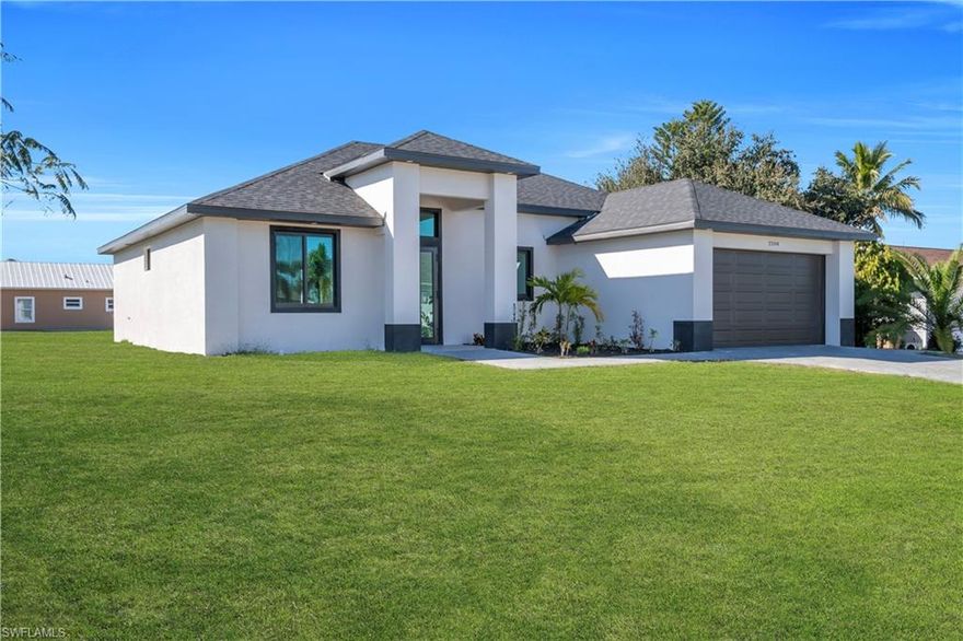 Welcome to this beautiful new construction home in the heart of Cape Coral! Centrally located and connected to city water and sewer, this move-in-ready property features 3 bedrooms and 2 bathrooms with nice, clean, modern finishes throughout. Situated in a non-flood zone area, this home offers peace of mind and convenience. Perfect for a primary residence or investment—ready for immediate occupancy. Don’t miss this great opportunity!