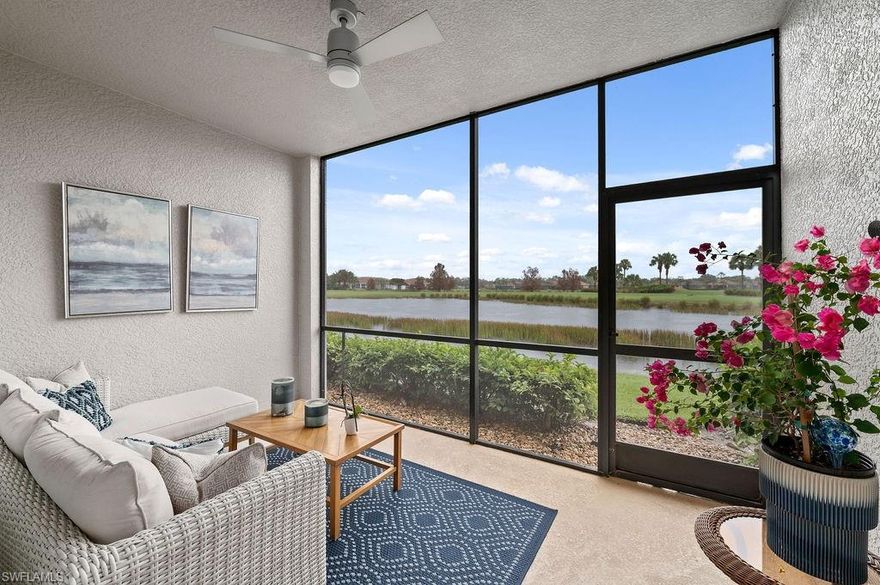 Golf membership is included with this absolutely gorgeous & FULLY remodeled 'Barrington' veranda condo with stunning water and golf views. Designer decorated and fully turnkey with high-end Bernhardt & Paul Robert furniture, new shaker cabinets & quartz countertops, luxury vinyl flooring, & fully upgraded fixtures and lighting... just bring your golf clubs and swim trunks! Heritage Bay features 27 holes of championship golf & BRAND NEW world-class amenities, pool side Cabana bar & grill restaurant, all new Grille Room featuring an indoor/outdoor bar overlooking the 27th green, year round tennis program with 7 HAR-TRU courts, pickle ball, bocce, a full-time social calendar calendar & activities director, and fitness center. With all of this is included in your master HOA fee of just over $600/month, it's by FAR the best bundled golf community in Southwest Florida!