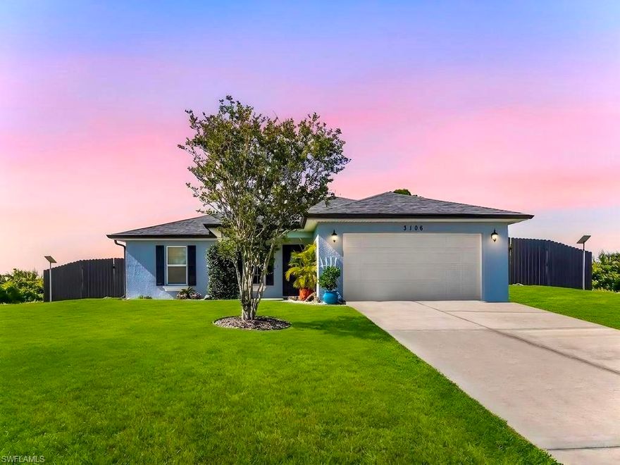 Welcome home to this meticulously maintained 3/2+ DEN professionally landscaped freshly painted 6ft FENCED peaceful property nestled away on a quiet DEAD END street in the highly desirable West side including an assumable SOLAR system with backup. It spotlights LUXURY vinyl & new flooring, a welcoming breakfast bar with & newer STAINLESS STEEL appliances in an impressive GREAT room, dual WALK-In closets with organizers, glass French doors, a whole house R/O system, and an open front porch & screened back lanai great for entertaining. This split floor plan also highlights Cathedral ceilings, (2024) water heater, (2017) dimensional shingle roof, attractive decorative shutters, IMPACT windows, awarding vanities, desirable HIGH speed internet, recessed lighting, pantry, window treatments, epoxy flooring, laundry room under air, and planet of room for a pool. It is just minutes from major amenities and a quick commute to Fort Myers. Schedule your showing today!