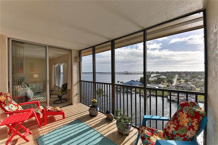 Spectacular views for miles from this 8th floor, 2 bedroom 2 bathroom furnished condo in River Towers in SE Cape Coral. Very light and bright, this condo offers upgraded kitchen including granite counters, decorative tile back splash and newer stainless steel appliances. Both baths have newer vanities with granite counters and updated showers. Carpet and tile flooring in the wet areas. Upgraded doors throughout. New AC in 2015. River Towers is an active 55+, non-smoking, no pets development offering a large riverfront heated pool, shuffleboard, 10x10 extra storage unit and so much more. Extremely well maintained development with great reserves! Take a quick walk to Jaycee Park or ride your bike to downtown Cape Coral! Call today for more information!