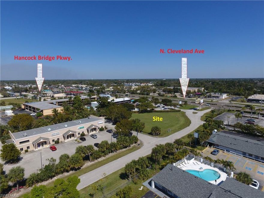 This parcel is ready for development and located within the path of growth in North Fort Myers, Florida. Positioned 800 feet from Hancock Bridge Pkwy, 1/2 mile from Pondella Road, 1.5 miles from Downtown Ft. Myers, 1.75 miles from Pine Island Road (SR78) and 7 miles from Interstate 75, this site offer's visibility from US 41 and in a convenient location to serve customers and clients from these surrounding areas. There is ingress off US 41 (N. Cleveland Ave.) onto Marinatown Lane when arriving to the pad, and there are signal light intersections at Hancock Bridge Pkwy. and North Key Drive to allow safe and easy egress when traveling North or South. Lee County requires  that the entry to subject property will be shared with the existing property to the west and is already stubbed with an entry point as shown in the pictures below. Feel free to call or email with any questions. Thanks