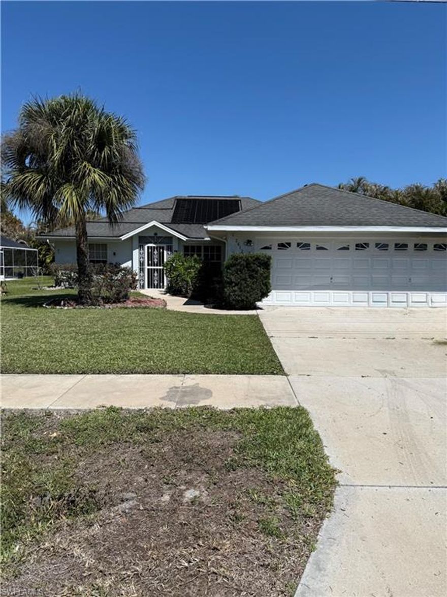 This furnished single-family home in Lehigh Acres features an open-concept layout and a split floorplan for flexible living. The large screened lanai overlooks a private pool and a spacious backyard planted with mango, lemon, orange and avocado trees. The home is offered fully furnished except for the two guest bedrooms, and pets may be considered with an additional fee. Located within close proximity to abundant shopping and dining options. This property combines indoor-outdoor living with convenient access to local amenities. $35 monthly Resident Benefits Package fee will be added to the rent.