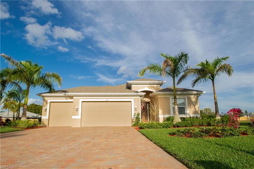 Gorgeous 4 Bedroom Home Built Just Last Year! The Ashbury of D.R. Horton, a 4Bed, 3.5Bath, 3-Car Garage Great Room design home w/ over 2400 sf of living space. This lakefront home is on 0.41 acres (an oversized and irregular shaped lot) and has plenty of room for a pool. Breath taking from first step into the foyer with the tall ceilings, architectural detail of arches, 8ft doors & molding and large tile flooring. The Open Concept Kitchen makes for a cozy and intimate living area and features tall wood cabinets, granite countertops, walk-in pantry, stainless steel appliances, large island w/ sink, Breakfast Bar and Breakfast Nook. There is a 15 year warranty on the sealed Granite and a lifetime warranty on the sealed tile grout. The maintenance of the .41 acres the home is on is maintained by the HOA w/ the fees covering the cost. Celebration Cape is a small gated community that is family-friendly. It is perfectly located in SE Cape Coral and has easy access to the River District (downtown Fort Myers) and the Mid-Point Bridge, close to shopping, dining and SunSplash Waterpark.