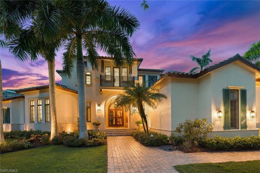 Artfully crafted this grand yet understated 5,045 sq.ft. home combines timeless architecture with waterfront living on one of the largest waterfront homesites in Royal Harbor.The residence is an entertainer’s dream, featuring 4 bedrooms, 4.5 baths, stately living and dining rooms with soaring vaulted ceilings, a dedicated private executive office with hardwood built in details. Boat access offer direct deep water minutes to Naples Bay and the Gulf of Mexico and includes two boat lifts 7k and 13k lb.The primary bedroom features dramatic vaulted ceilings, lounge area, private access to out door garden and pool area.It also includes dual walk-in closets and a spa-worthy bathroom complete with jacuzzi tub and walk in shower.Additional highlights include sitting room w/ fireplace and wine storage, outdoor kitchen and dining area, Koi pond, meandering garden pathways, 3 car garage, private elevator and custom lighting throughout. Located approx. 1.5 miles to the beautiful gulf beaches and center of downtown 5th Ave bustling with restaurants, art galleries, boutiques and more, this serene waterfront home offers a once-in-a-lifetime Naples opportunity for the most discerning of buyers.