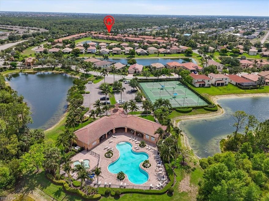 This beautiful townhouse in the Gated Community of Bella Vida is ready for a new owner! Enjoy resort style living with low HOA fees, NOT in a flood zone! This nicely maintained townhome offers nearly 2,000 soft of spacious living, featuring 3 bedrooms, 2 1/2 bathrooms, a versatile den/flex space and a 2 car garage. Large eat-in kitchen equipped with granite countertops and stainless appliances. New Storm Smart accordion hurricane shutters have been installed on the second floor, providing enhanced storm protection and long-term value.  Enjoy the Florida lifestyle in this amenity-rich community offering basketball courts, fitness room, tennis, volleyball, billiards, clubhouse, community pool, picnic/BBQ area, playground and a dog park. Located just minutes from exceptional dining, shopping and RSW airport. The HOA fee includes cable, internet/wi-fi, street lighting, lawn/land maintenance, trash removal, reserves, and full access to the recreation facilities, providing incredible value and peace of mind. Whether you are working from home in the flexible den space, hosting guests, or enjoying a peaceful evening in your private townhome, this property offers the perfect blend of comfort and community.