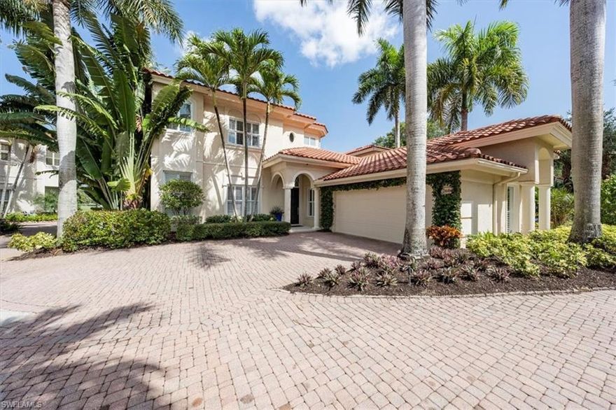 Beautifully refreshed white kitchen and master bath, offering fabulous golf course and lake views. Situated on a quiet cul-de-sac, the property has been fully renovated with a modern flair and includes 2 luxurious primary suites, one on each floor. The foyer is flanked by a large study and a formal dining room. Tucked under the elegant staircase is a custom wet bar with secret liquor tray that rises slowly out of the cabinet. The living room boasts a custom fireplace wall & expansive glass to capture the view. The gleaming white kitchen is large with quartz counters, stainless appliances and custom cabinetry. The family room opens out to the pool, covered lanai and stainless outdoor kitchen. The first floor owner's suite faces the view boasting a spa like bath and custom closets. Upstairs, a lounge area with built in cabinets anchors the second owner’s suite and an ample guest room & bath. Glass doors lead out to a large balcony overlooking the pool and the view and is the perfect perch for a cocktail at sunset. Sparkling porcelain floors flow throughout the living areas. The oversized garage includes custom cabinets. Offered completely furnished including artwork.