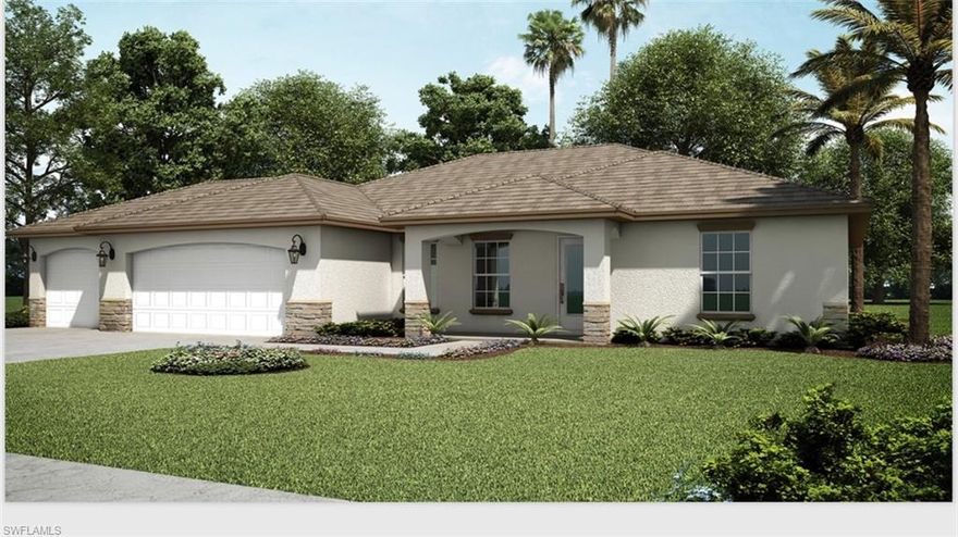 New construction! The "St. Augustine" floor plan. Beautiful 4 bedroom home with 3 car garage. Home includes a 10 year structural warranty and a 1 yr warranty! Open floor plan with cathedral ceilings and center island kitchen. Spacious living room leads to large covered lanai to enjoy the SW Florida lifestyle! Features Include: Concrete Block Construction and Metal Frame Interior, Under Truss Lanai, Lenox 15 Seer high efficiency AC system, Moen plumbing fixtures, Dimensional Shingles, PGT Low E Insulated windows, 36” upper cabinets with soft close doors, Granite Counters in Kitchen and Bathrooms, Stainless Steel Kitchen appliance package, colonial style raised panel doors, Electric garage door opener, 18" tile flooring in main living areas , Stone Accents on front elevation of the home, irrigation system, epoxy coated garage floors, upgraded to paver driveway. Pictures shown are of a completed home and features may differ. You will not find another new construction home at this price with this quality of construction!