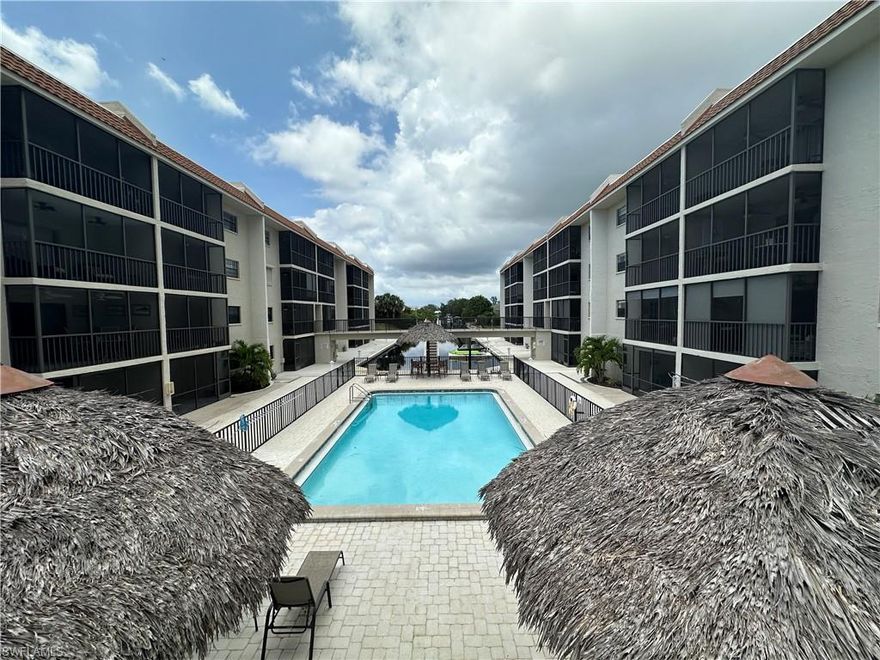 Enjoy single-level living in this charming 4th floor WATER/POOL view condo. First 2 weeks of renting at free. COMMON elevators for easy access. One covered parking spot. ALL NEW LVP floors and paint throughout.There is a large screened in lanai to overlook the pool, a spacious main living room with split-bedrooms and bath layout for privacy.  Washer and Dryer is in the unit. The location is just 3 miles from Barefoot and Bonita Beaches, with easy access to downtown Bonita Springs, shopping and waterfront dining. Boaters, jet skiers, will love direct Gulf access at Spanish Harbor. This peaceful community offers: Boat slips/Dock area is first-come, first-served, no extra cost. as well as the saltwater pool, grills & tiki huts in a picnic area, a jet ski slip, kayak access, outdoor showers.  APPLICATION process will apply.