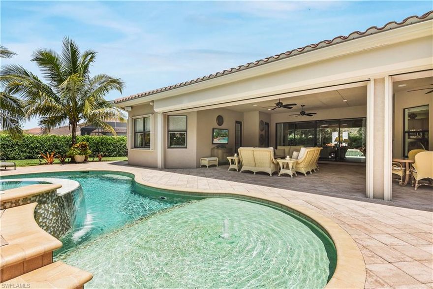 Are you looking for a home that has it all? Here it is! This is not the typical Carlyle model. It has more upgrades than you can imagine! Nestled on a cul-de-sac with a premium oversized lot giving you two large fenced-in side yards surrounded by tropical landscaping. The oversized covered lanai offers a wonderful private oasis leading to a heated pool & spa, large pool deck w/ pavers, and a long under truss sitting area w/ a full summer kitchen. Gorgeous split bedroom floor plan w/ a great room layout offering hundreds of thousands of dollars in builder upgrades and post-closing upgrades, large tile set on diagonal, wood flooring in main living areas, solid core doors, custom trim, electric storm shutters, elegant courtyard entry (w/ gate, pavers, French Door entry, & fountain), custom paint in tray ceilings, surround sound system, full wet bar, gourmet kitchen, landscape additions/lighting, & much much more! One of the guest rooms is a suite design w/ a private full bath, and both guest rooms offer large walk-in closets. Both a/c's have a 5 year transferable warranty. Riverstone is a gorgeous community offering activities for every member of the family w/ resort-style amenities.