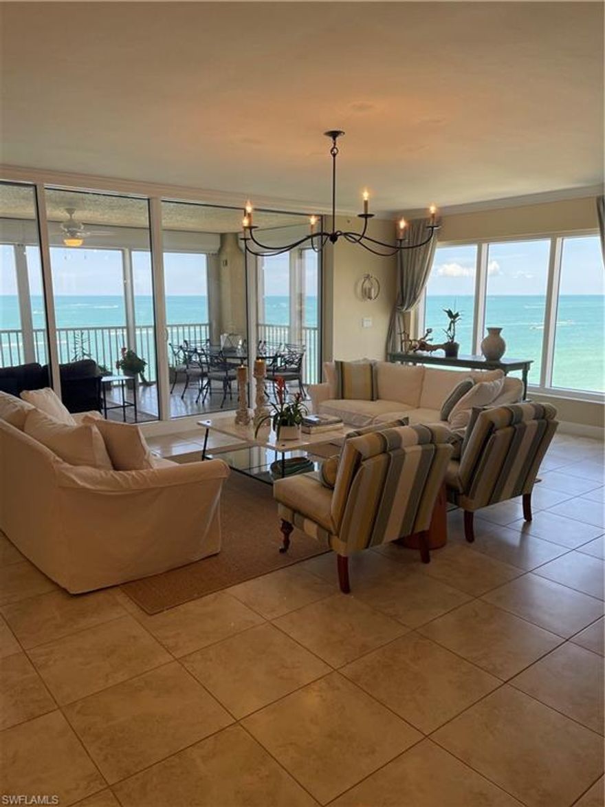 Property Overview - Nestled directly on the
white sugary sand.  The Vanderbilt is upscale and has everything you are
looking for! Exclusive security coded private elevator to the 7th-floor residence
opens to an attractive foyer that can be closed off with two sturdy doors. A second
elevator serves the 4,200 square feet premises with access via the laundry room.
The expansive floorplan boasting 3 Bedroom 3- and one-half bathrooms, a
den/office with access to the rear balcony overlooking pleasant views of canals.
The balcony is shared by the two guest suites, each having bathrooms with
oversized showers. High ceilings, crown molding, complete gourmet kitchen with
granite, custom cabinetry, top-of-the-line appliances, gas-fired stovetop, a wine
cooler, and other amenities showcase a dining area with great views of the Gulf all
the way up to Sanibel Island.
The laundry room is being redone with a granite countertop and tile backsplash. The spacious living
room, with views of the Gulf, adjoins a formal dining area and opens to the lanai,
as does the master bedrooms. The lanai features an upgraded grill with a granite
counter and new tile.