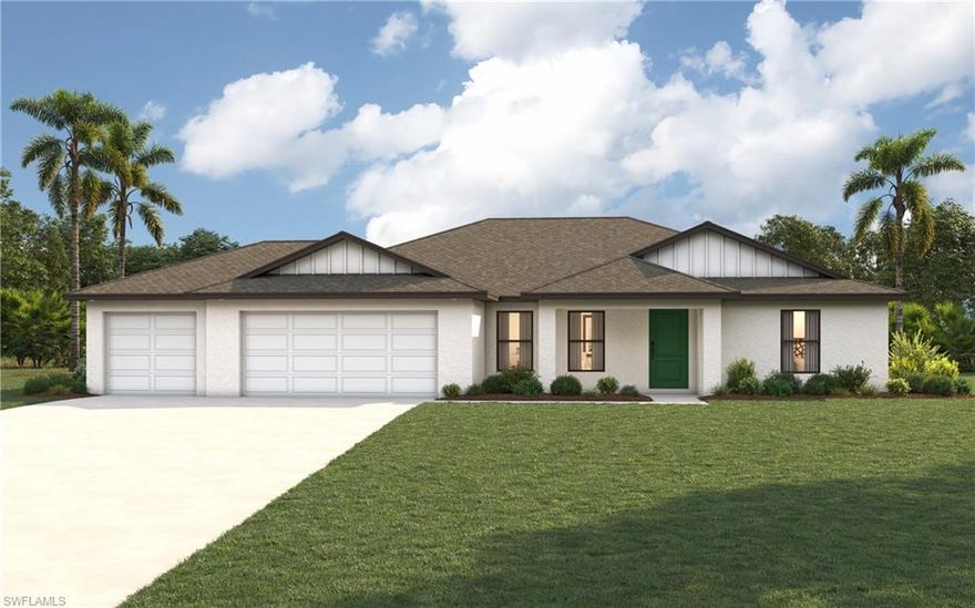 MOVE-IN READY – new construction with warranty!  CITY WATER/SEWER HOMESITE – ALL ASSESSMENTS PAID! The St. Augustine blends elegant design with everyday functionality, offering the perfect balance of indoor comfort and outdoor living. A welcoming covered front porch leads into the heart of the home, where an open-concept layout with a vaulted ceiling creates a sense of spaciousness and flow. The dining area with double windows, gourmet kitchen with a freestanding island and pantry, and expansive Great Room with sliding glass doors all work together to maximize natural light and create an inviting atmosphere. Step outside to the large covered lanai—ideal for relaxing or entertaining.  The private Primary Suite is a true retreat, featuring two generous walk-in closets and an en-suite bathroom with a dual sink vanity, a tiled walk-in shower, and a large linen closet for added convenience. On the opposite side of the home, three additional bedrooms provide flexibility for family, guests, or the perfect home office.  Additional features include:  Quartz countertops in kitchen and baths, Shaker-style cabinetry with soft-close doors, stainless steel kitchen appliance package, upgraded plank tile flooring in main living areas, hurricane-impact windows and doors, covered entry, and an attached 3-car garage with direct access to the laundry room.  Pictures, renderings, & virtual tour are of similar home & are used for display purposes only.