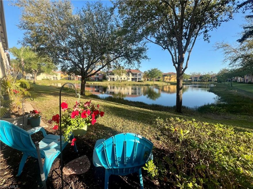 THE BEST LAKEFRONT LOCATION & VIEW with NO PET SIZE LIMIT! QUIET AND PRIVATE! You belong here, in the middle of Fort Myers, yet tucked away from road noise, in the back of Portofino at the lowest priced active listing! A wooded front view welcomes you. Step inside this 1,556 sf 2 bed/2 bath/2 car attached garage condo and your eyes are immediately drawn to the bright, southern exposure long lake view! Stainless steel appliances GE & Bosch(2019), 42” upper cabinets, 8’ interior doors, crown molding, 5" baseboards, upgraded light fixtures, fans & window treatments . Sparkling professionally cleaned tile & textured LVP floors. GE high capacity top load washer(2025), Chamberlain wifi garage door opener with keyless entry(2025), oversized hot water heater(2022). Generator & garage fridge dedicated circuit plugs. Building re-roofed & painted 2022.
