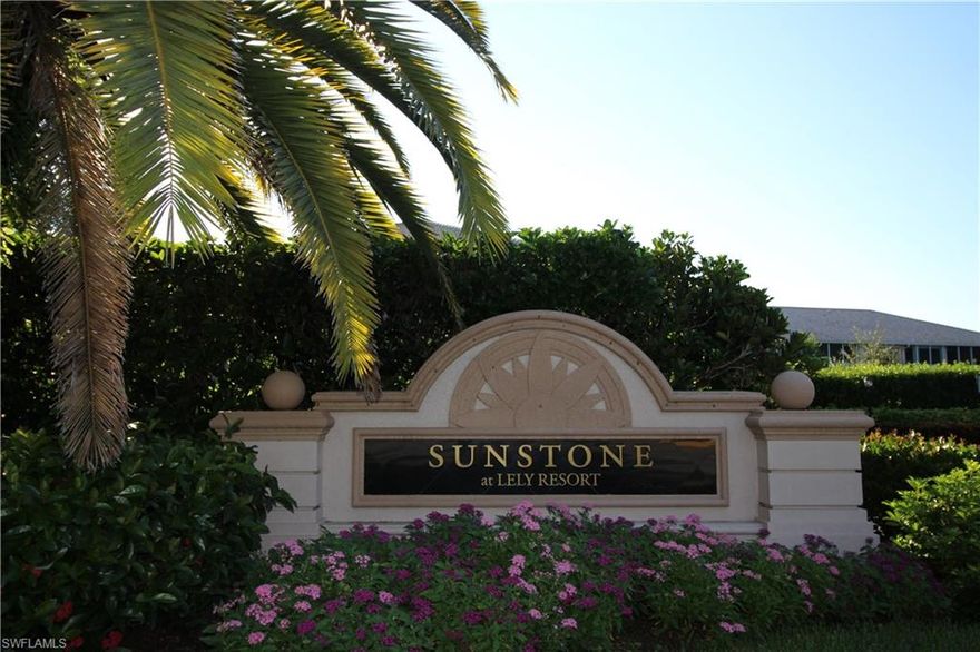 Desirable 1st floor 2 bedroom, 2 bath condo located within the fabulous Lely Resort. Entire unit freshly painted with new light fixtures, hardware, 6" x 24" porcelain tile & carpeting. Gorgeous Hawaiian pearl granite counter tops in eat-in kitchen complete with reverse osmosis system, under & over cabinet lighting & full pantry. Den with closet makes for a perfect home office or 3rd guest bedroom. Full laundry room with plenty of storage space & generous sized lanai w/18" tile & roll down storm shutters. Sunstone features the largest community pool in Lely Resort with spa and changing facilities.  Meticulously cared for and priced for quick sale!  **PLAYERS CLUB & SPA MEMBERSHIP OPTIONAL**