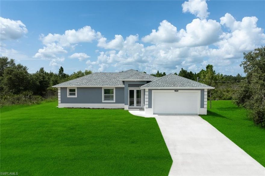 Seller offering $ 3%  toward closing costs and stainless steel appliances included. One-year warranty with 2-10 Supreme.  This brand-new home is one of the most affordable 1,400+ sq ft homes in Lehigh Acres, making it an outstanding opportunity for buyers who want modern construction, quality finishes, and a functional layout without stretching the budget. Built on a 0.25-acre lot with no rear neighbors, this 3-bedroom, 2-bathroom, 2-car garage home offers privacy, space, and the peace of mind that comes with impact windows and doors, block construction, and a dimensional shingle roof. Inside, the open floor plan creates a bright and comfortable living space that feels larger than its footprint. The kitchen is designed to stand out with quartz countertops, a large center island, soft-close white shaker cabinetry, modern pendant lighting, and stainless steel appliances to be installed before closing. High-gloss tile flooring runs through the main living areas, while the split-bedroom layout gives the primary suite more privacy from the guest rooms. The primary bathroom features dual sinks, quartz counters, and a glass-enclosed walk-in shower finished with marble-look tile. Guest bedrooms offer luxury vinyl plank flooring and full-size closets. Step outside to a covered lanai with wood-look plank tile and enjoy a spacious backyard with added privacy and no HOA restrictions. This home provides quick access to shopping, dining, parks, and daily essentials. For buyers searching for value, privacy, and new construction benefits, this home stands out as one of the best affordable options in the 1,400+ sq ft range in Lehigh Acres. A 3D tour is available for additional viewing. This home qualifies for 0% down payment with approved credit.