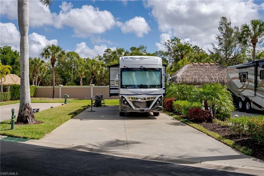 Lot 57 - Discover a rare opportunity to design your own private retreat within the gates of Naples Motorcoach Resort in beautiful Naples. This undeveloped RV lot offers a blank canvas in one of Southwest Florida’s premier luxury Class A motorcoach communities. Featuring a rear privacy wall, the property provides an excellent starting point to create your ideal outdoor living space. Imagine custom pavers, tropical landscaping, a tiki hut, elegant hardscape, or a private casita designed entirely to reflect your personal style and motorcoach lifestyle.

An exceptional opportunity exists as the adjacent lot is also available and owned by the same seller, offering the potential to purchase both properties and create a larger private motorcoach estate or custom compound within the resort, an offering that rarely becomes available.

Naples Motorcoach Resort owners enjoy an impressive array of amenities including three resort-style pools, an infinity-edge pool, three spas, sauna facilities, a fitness center, and three pickleball courts. The vibrant clubhouse hosts seasonal events and social gatherings, while the community dog park welcomes four-legged companions. Boating enthusiasts appreciate the community boat ramp with indirect Gulf access through scenic canals, and kayaks are available for residents who wish to explore the waterways.

Ideally located between the charm of downtown Naples and the world-renowned beaches, boating, and dining of Marco Island, this property offers the perfect setting to build your custom motorcoach retreat in paradise.