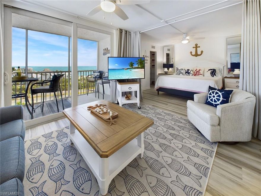 Experience the ultimate Southwest Florida lifestyle with this beautifully renovated studio condo located directly across from Bonita Beach in the highly desirable Beach and Tennis Club. Perfectly positioned in Building 2 on the 9th floor, this southwest-facing unit features a screened balcony offering stunning Gulf views and the perfect setting to enjoy both sunrise mornings and breathtaking evening sunsets.

Offered turnkey furnished with a stylish nautical coastal design, this condo is move-in or rental ready. The thoughtfully updated interior includes modern finishes throughout, along with key upgrades such as an on-demand water heater, new air conditioner, and newer electrical panel for added comfort and peace of mind.

Ideal as a personal beach retreat, full-time residence, or income-producing investment, the property boasts an impressive rental history with flexible 3-day minimum rentals allowed. Strong 2025 rental performance, including significant early-season earnings, highlights its exceptional income potential.

Residents and guests will love the unbeatable location—just a short walk to Bonita Beach, Barefoot Beach, and two popular beachfront restaurants. Boating enthusiasts will appreciate the availability of boat storage and boat docks for rent, along with bike storage and additional storage units. The community continues to improve and enhance following Hurricane Ian, with Phase 2 of amenities scheduled, including tennis, pickleball, and bocce courts—further elevating lifestyle and future value.

All current assessments have been paid, offering added confidence for buyers. With limited beachfront opportunities available and strong demand for income-producing coastal properties, this is a rare chance to secure your place in one of Bonita Springs’ most sought-after communities—schedule your private showing today before this opportunity is gone.