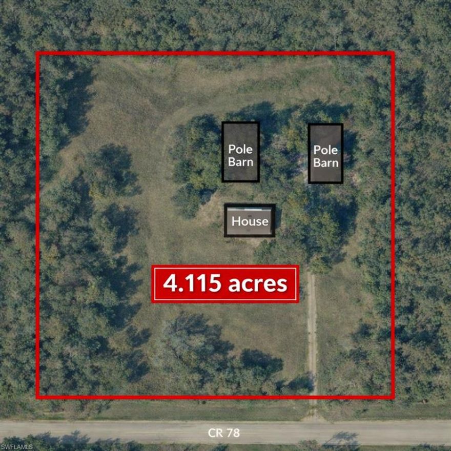 Discover the potential of this 4.08+/- acre residential property located at 120 CR 78 in the heart of fast-growing LaBelle. Tucked away on a paved road and shaded by beautiful, mature LaBelle oak trees, this property offers the perfect blend of privacy and convenience. 

The existing concrete block home, built in 1966, features approximately 2,084 square feet of living area with 4 bedrooms and 2 baths, along with a metal roof and a porch addition. While the home does need repairs, it presents an excellent opportunity for renovation or customization-ideal for those looking to create their forever home. 

The acreage is well-equipped with two large pole barns and several miscellaneous sheds, providing ample space for storage, hobbies, equipment, or agricultural use. 

Zoning is Convenience Commercial with a Future Land Use of Commercial. If you've been searching for space, location, and opportunity, this property is full of possibilities.