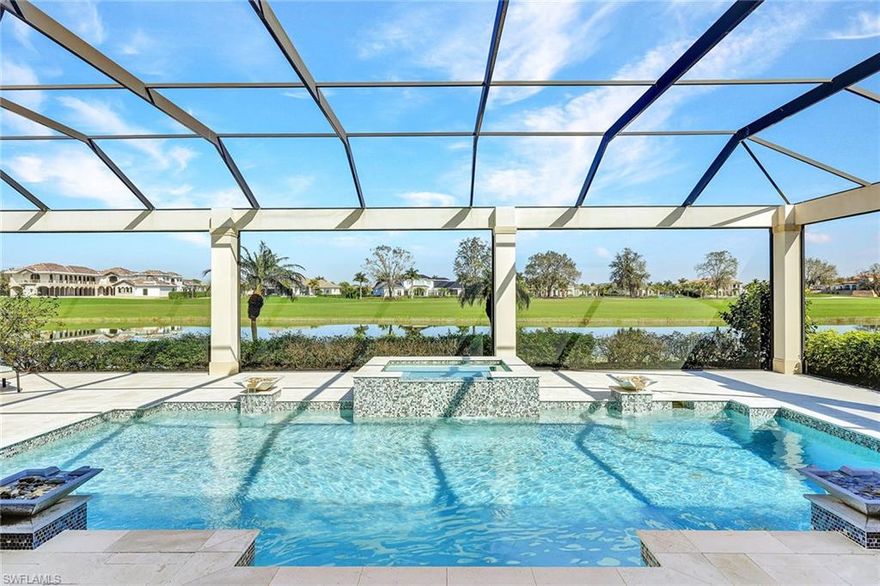 Immediate golf available! Live the serenity and elegance of Talis Park: A west of I-75 Naples 5-star, luxury-designed Norman/Dye golf and tennis resort community. This custom 2016-built contemporary pool/spa home offers 7400+ square feet of luxury indoor and outdoor living including the expansive pool/spa deck, 3-car A/C garage, plus whole-house generator, and private golf and lake views. The elegant foyer reveals a stunning living room with 16-foot ceilings, two dining areas, gourmet chef's kitchen, two islands and wet bar, all offering generous storage and seating. The floor plan flows spaciously from room to room, featuring impact windows and pocket sliders opening to the pool/spa deck with ample seating, outdoor kitchen, fireplace and electric hurricane shades. Experience superb Talis Park dining/entertainment venues, resort/lap pools, tennis, pickleball, bocce, state-of-the-art fitness/wellness/spa, beach shuttle, dog park and exquisite landscaping. Ranked by Golf Digest as one of Florida’s top 20 courses with a total course renovation completed in 2023, Talis Park is one of the nation’s premier golf experiences, symbolizing the rare beauty and quality of the entire community.