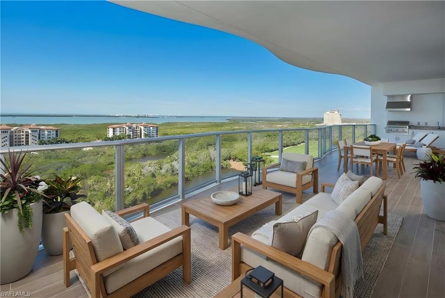 The first ever PRIVATE resort high rise offering in Southwest Florida! 
Perfect height on the 12th floor to view Gulf and Bay and enjoy sunset dining while cooking on the built-in gas grill.
Private elevator entry, Thermador appliance package in the kitchen, including gas cooking. 10'4" ceilings, all suites face west and have access to the lanai.  Ready for immediate occupancy.

Residents enjoy a rooftop sunset terrace, pickleball courts, beach-entry pool, poolside café with food and bar service, dedicated lap lanes, fire pit lounge areas, elevated hot and cold plunge pools, par-3 putting course, day cabanas, bocce lawns, yoga lawn, dog park, social rooms, fitness center, movie theater, game room, and guest suites for visiting family and friends.  24 hour front desk service.  Private 2-car garage.

Living at the Colony provides a host of additional amenities including access to the private waterfront Bay Club featuring two levels of dining and access to Pelican Landings private 34-acre island beach and pavilion, tennis, pickle ball, bocce, sailing, canoe/kayaking…the list goes on! A couple of miles to shopping and dining and a quick trip to the airport.