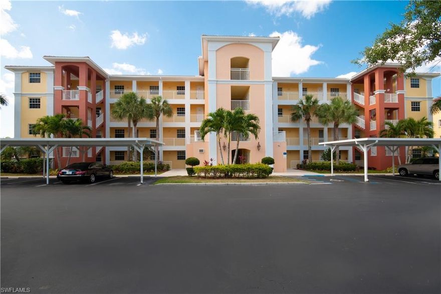 "PRICE ADJUSTMENT"!!Beautiful top floor penthouse with cathedral ceilings.  Panoramic golf course views from your private screened lanai.  Tiled main living area, solid wood cabinets,granite counter tops and stainless steal appliances.  Includes a private storage unit for bike's, golf clubs, pool toys and more.  SOCIAL MEMBERSHIP which means you may golf from May 1st through October 31st but you are welcome to use all the other amenities year round!  The amenities include Har-Tru Tennis courts, putting green, Billiards, ping pong, library, book club, bocce ball, art classes, card rooms, fire pit, bingo, trivia night and events galore!  Only 4 miles to beaches, downtown Olde Naples, dining, shops and close to I-75.