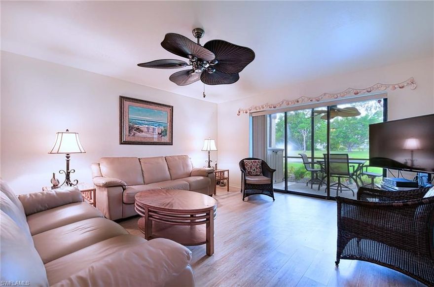 Beautifully maintained and nicely updated condo in Fort Myers! This unit is offered Turnkey (see Inventory List.) Relax in style with your tropical-inspired furniture and decor! Beautiful, tranquil space with a pond, fountain, and wooded view! Private and spacious open floor plan, with over 1300 Sq Ft! Flooring is luxury vinyl & tile throughout. No carpets. Split bedrooms and a view of the pond from your private screened-in lanai off the living room and master bedroom. The roof has been replaced, and the heated pool resurfaced, each within the past 2 years—convenient access to Downtown Fort Myers, Fort Myers Beach, Sanibel Island, dining, and shopping.