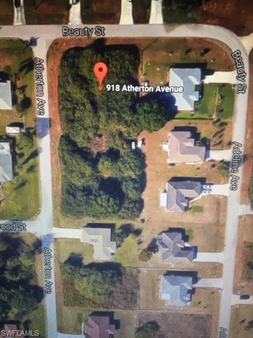 Wonderful Lot  for your New Home or investment. One of the fastest growing areas in the Lehigh. Beautiful New construction throughout neighborhood. 1/3 acre oversized lot at corner of Atherton & Beauty. Close proximity to SR82 and Ft. Myers.
